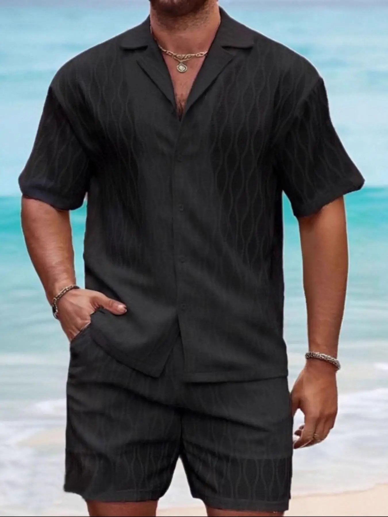 2025 New Summer Men's Casual Daily Outdoor Travel Solid Jacquard Lapel Short-sleeved Shirt Drawstring Shorts Two-piece Set