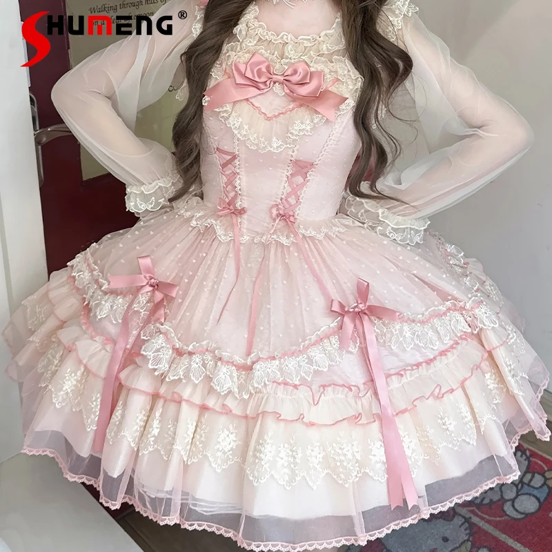 JSK – robe à bretelles rose Style princesse originale pour filles japonaises, jolie robe Lolita en dentelle avec nœud, Mini robe quotidienne sans manches pour femmes