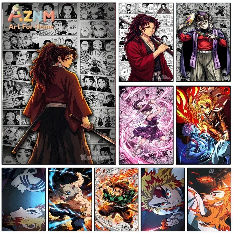 Cuadro de lienzo con motivos de la serie de anime «Demon Slayer», con las figuras de Yoriichi, Douma, Kanao, Rengoku, Akaza y Tanjiro, e Inosuke. Póster de manga, cuadro de lienzo sin marco, para decorar el hogar.