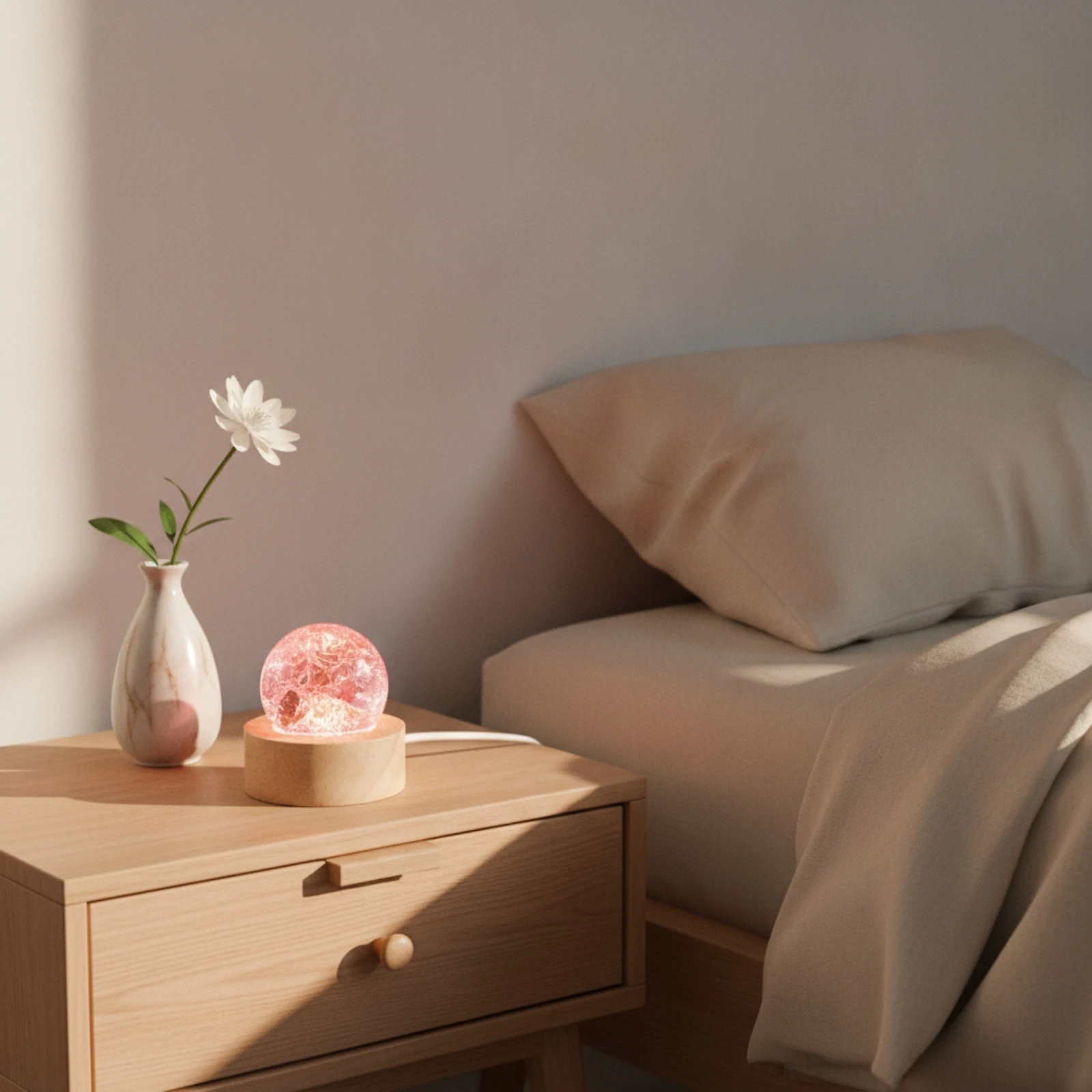 Crystal Sphere Light with Wooden Base Slim Tabletop Ambient Lamp Decoration Cracked for Bedside Table, Desktop