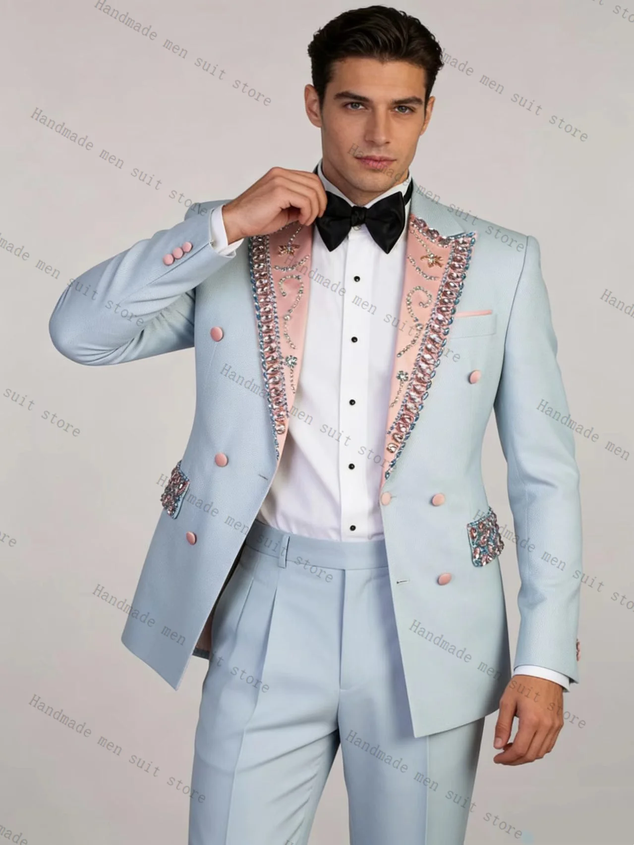 

Light Blue Men Suit Set 2 Piece Blazer+Cotton Pants Crystals Prom Wedding Tuxedos Coat Customized Formal Office Fashion Jacket