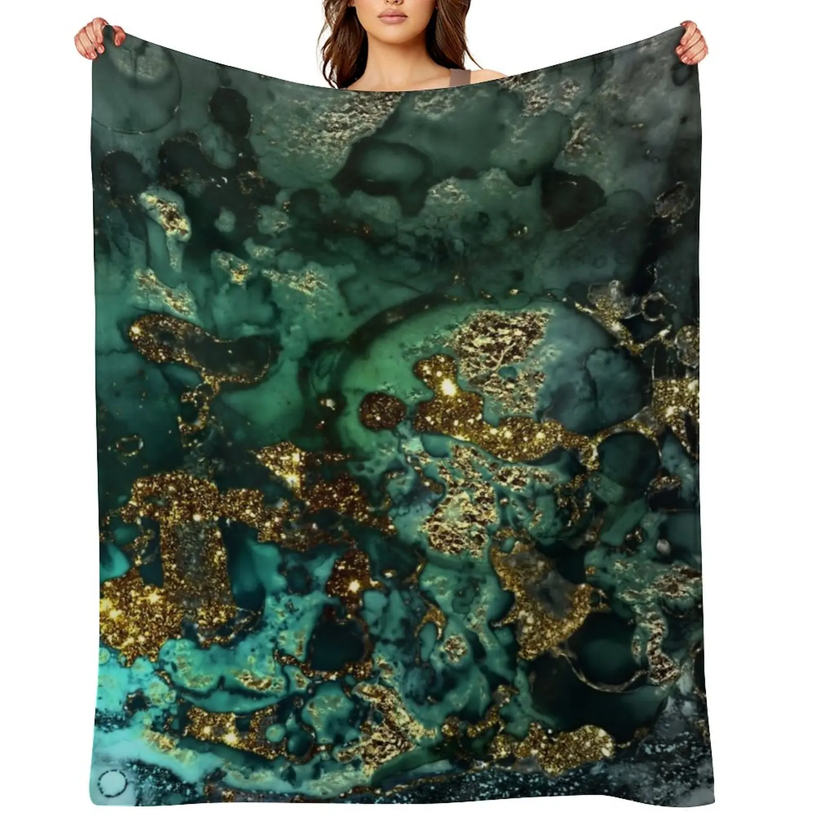 

Gold Indigo Faux Malachite Marble Throw Blanket Sofas Shaggy Loose warm for winter Blankets