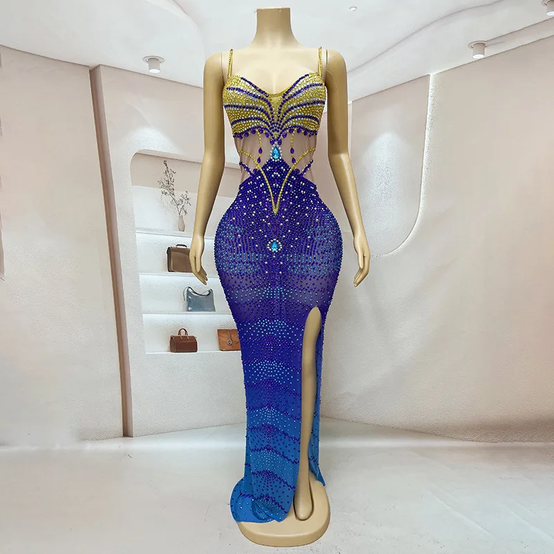 

Suspender Mermaid Split Performance Suit Sexy Halter Company Annual Meeting Event Host Model Catwalk Star Red Carpet Party Dress
