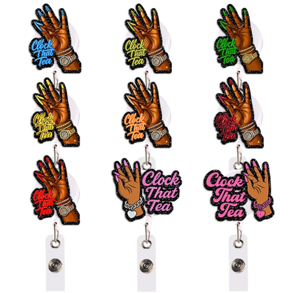 Clock That Tea Gesture Color Glitter Acrylic Reel Clip Badge Reel Retractable Badge Holder Reel Clip-On Name Badge Tag ID Card