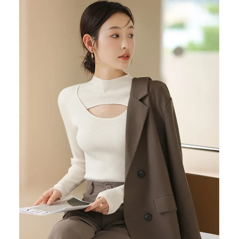 Women Sweater New Autumn and Winter Women's Slim Stretch Sexy Pullover Hollow Solid Color Slim Bottoming Shirt Sweater Ladies