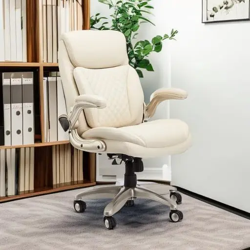 Ergonomic Desk Office Chair, Flip-up Armrests, Adjustable Height, Cream Leather computer chair  office furniture