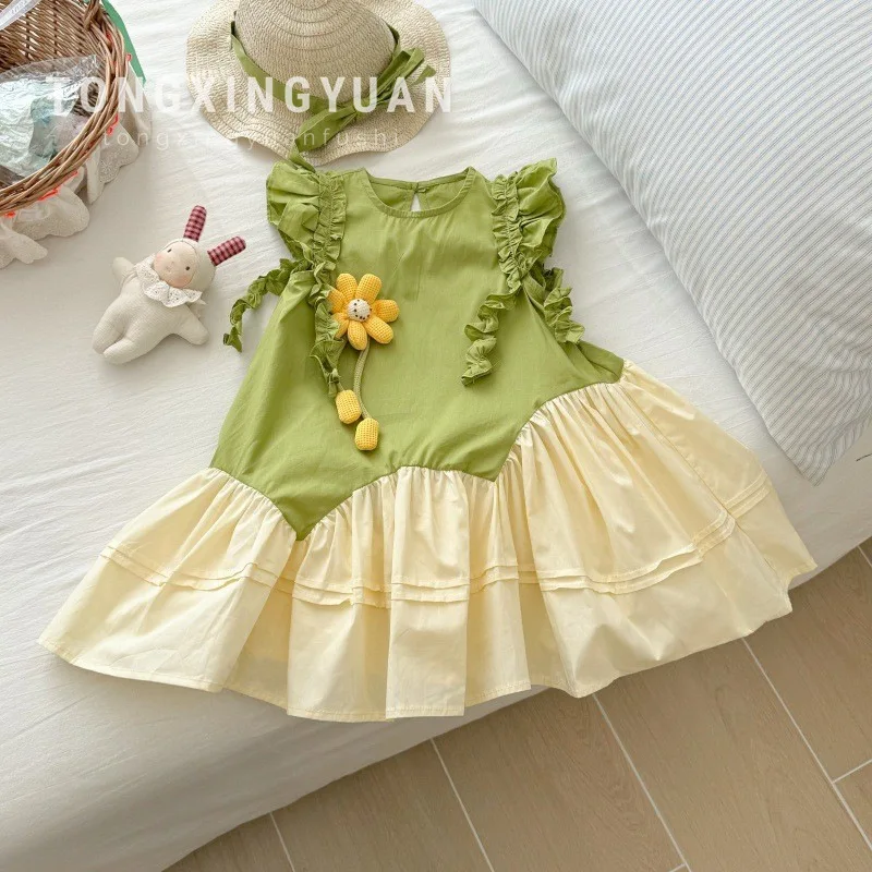 

Free Hat Girls' Dress Summer New Baby Girl Flutter Sleeve Vest Dress Stylish Patchwork Dress