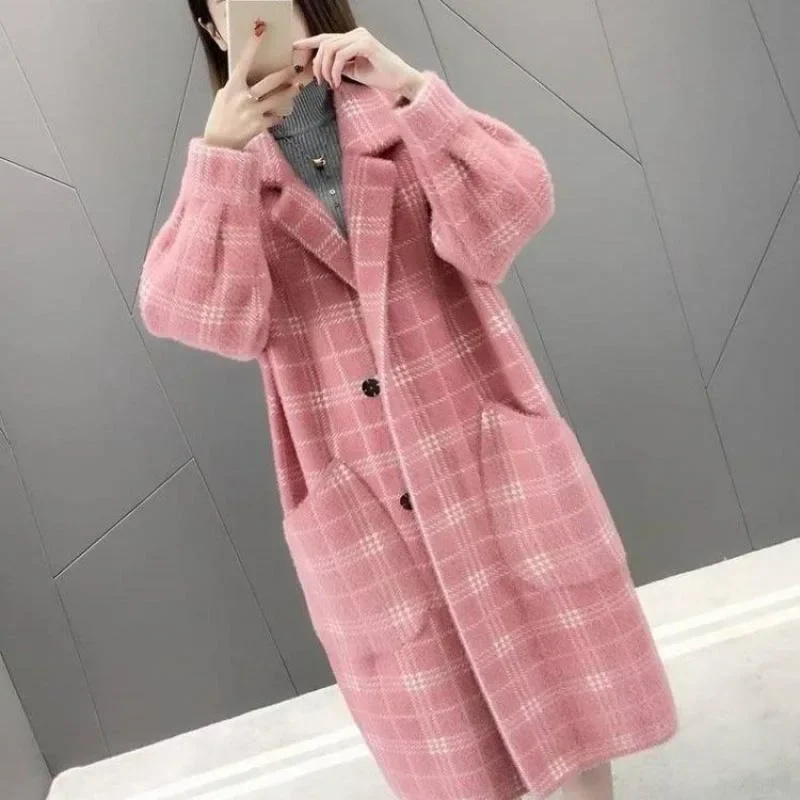 Wolle mittlere und lange karierte Jacke koreanische Version lose gestrickte Anzug Kragen Mantel 2023 neue Herbst und Winter neue Frauen