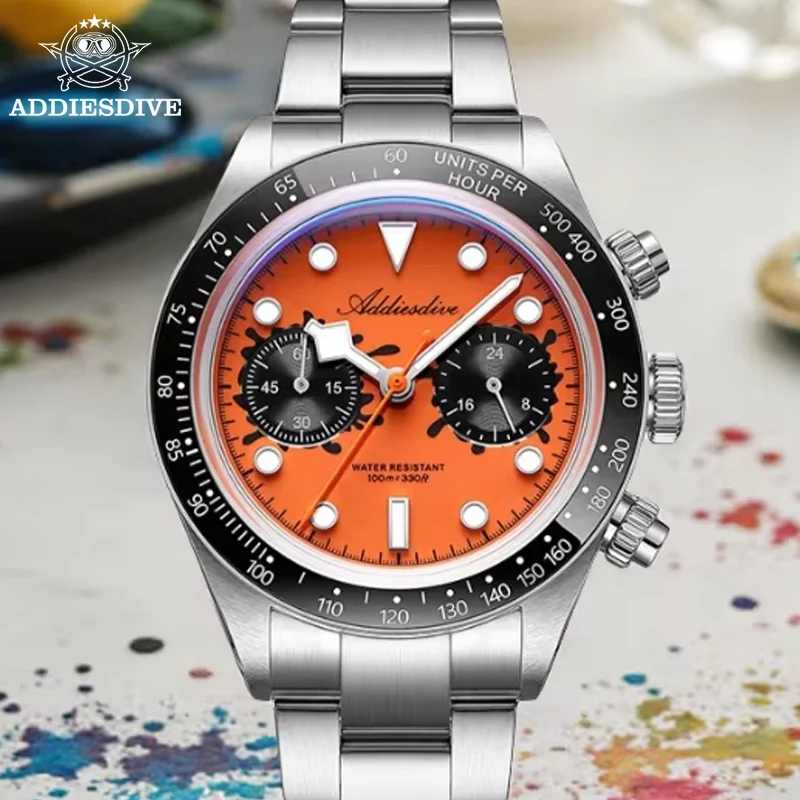 

ADDIESDIVE New Men Watches VK64 Ceramic Bezel Domed Glass Quartz Wristwatch Chronograph Super Luminous Diving 100m Waterproof