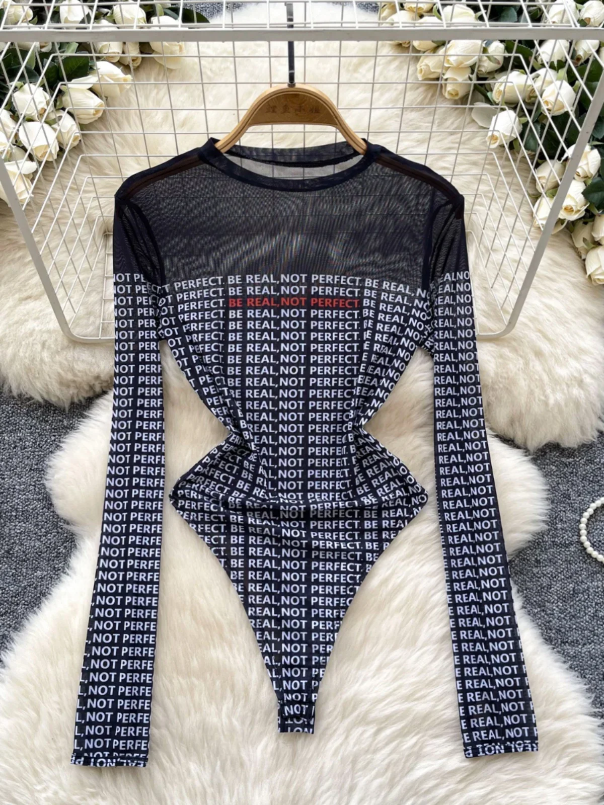 Foamlina American Ins Fashion Letter Print Crew Neck Long-sleeve One-piece Shirt Women's Autumn Tulle Tight Mesh Bodysuit Top