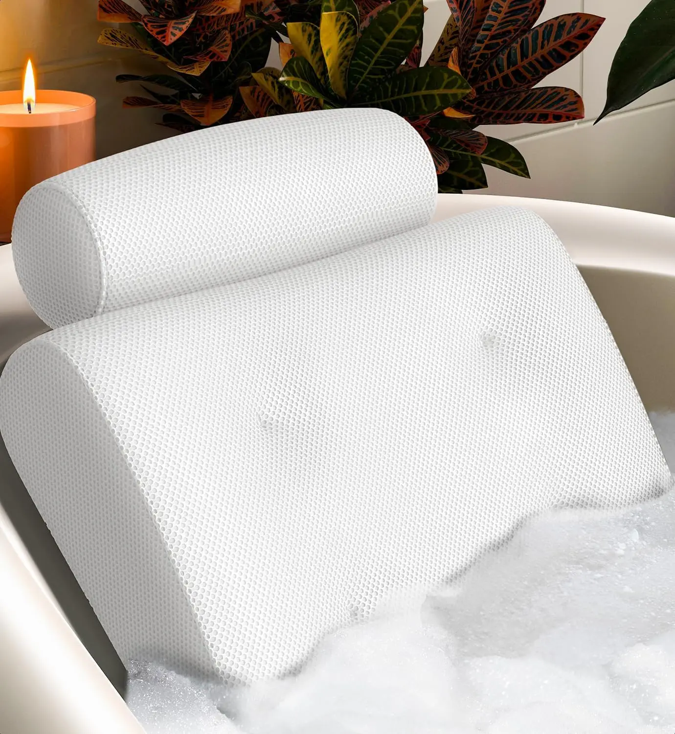 

Luxury Bathtub Pillow with Head & Neck Support - Non-Slip Suction Cups, Quick-Dry Mesh, Drying Hook for Spa Relaxation