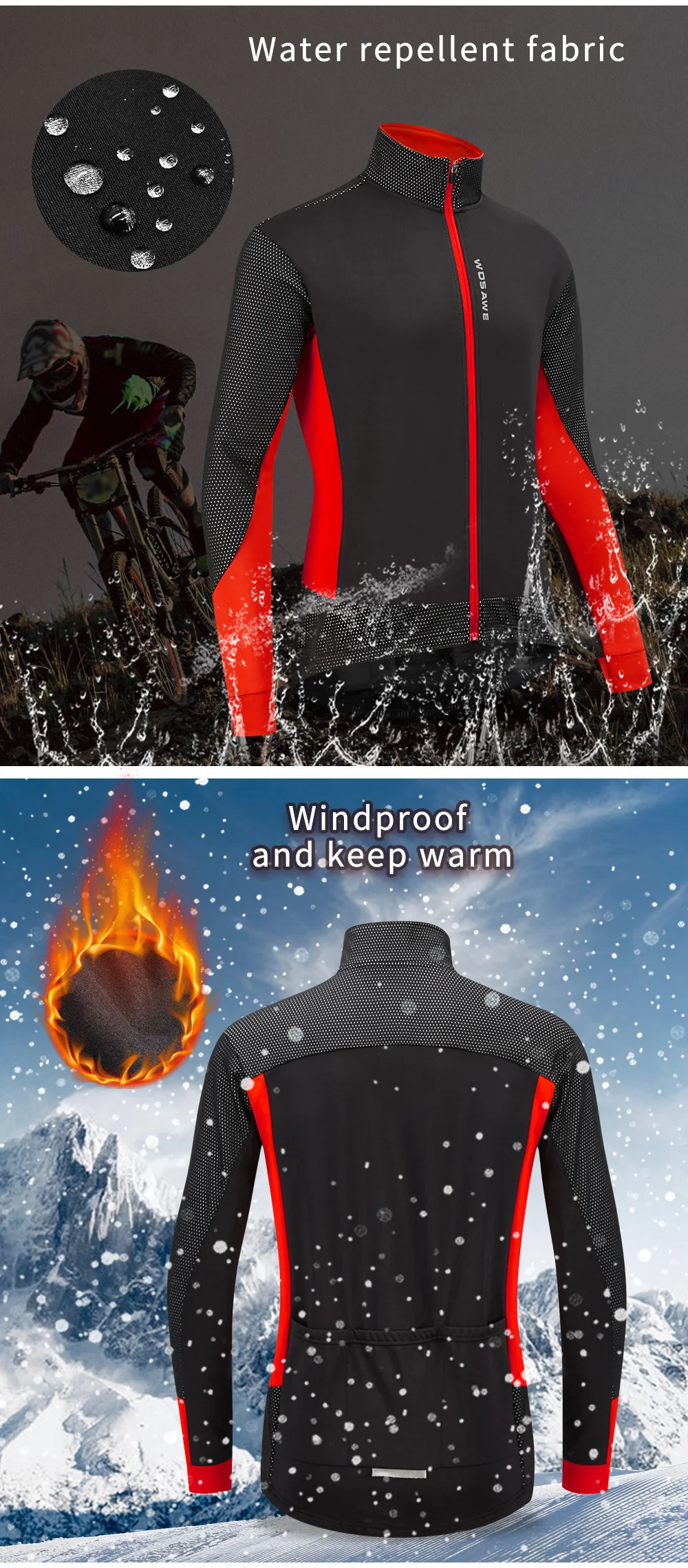 WOSAWE Winter Thermal Cycling Jacket Fleece Mountain Bike Jersey Windproof Splashproof MTB Bicycle Clothes Outdoor Sports Coat