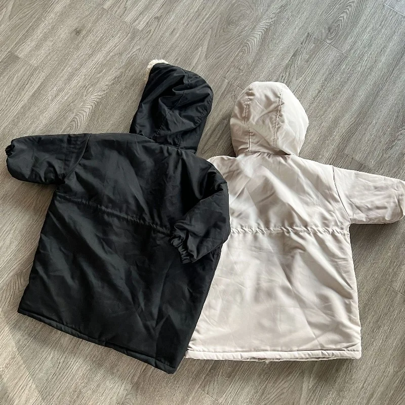 2025 الشتاء الاطفال منتصف طول سترات سترة 1-8 Y موضة الأولاد أفخم المخملية معطف مقنع الكورية فضفاضة الفتيات سميكة الدافئة ملابس خارجية #5