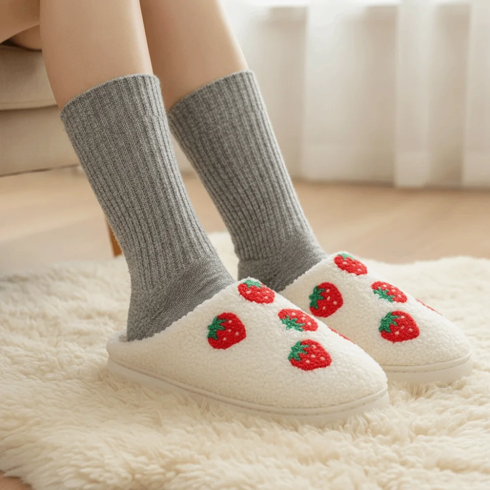 Cute Strawberry Fruit Slippers Pineapple Non-slip Winter Fluffy Slippers Toe Wrap Soft Slippers Dormitory