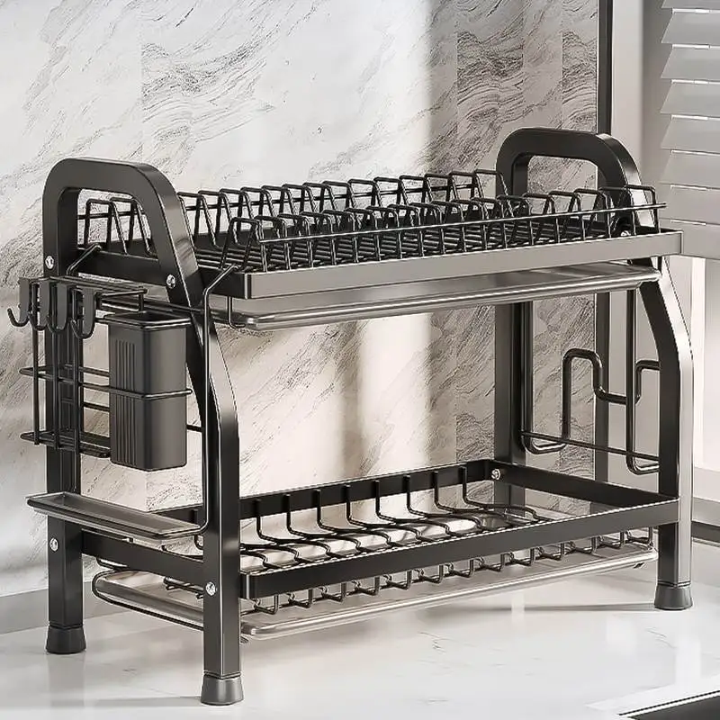

Многофункциональная кухонная полка-органайзер из нержавеющей стали для хранения посуды, тарелок и мисок с функцией слива воды