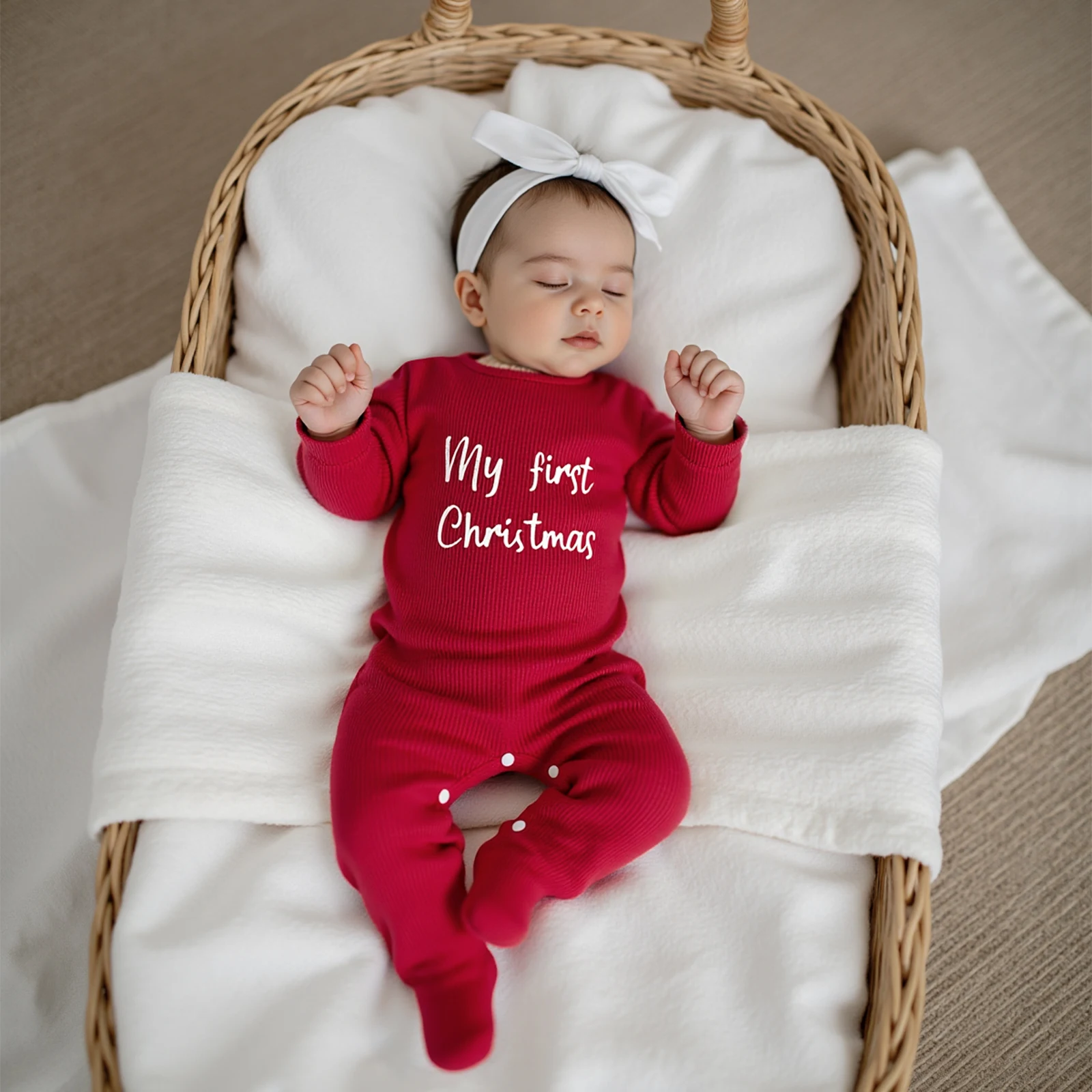 Newborn Baby My First Christmas Romper Letter Print Long Sleeve Round Neck Footed Xmas Jumpsuit Playsuits for Boys Girls