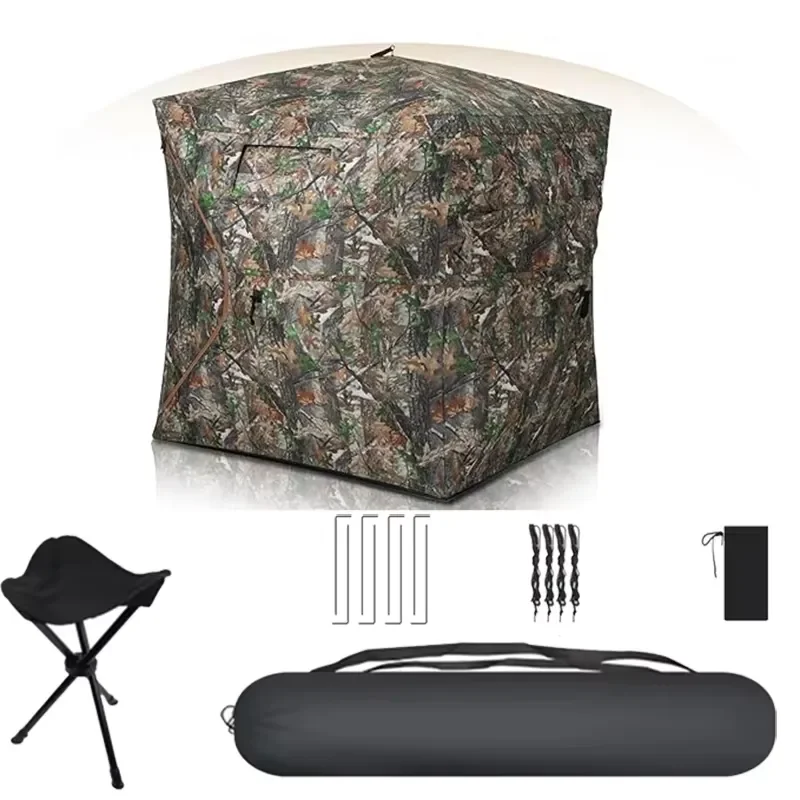 270 Degree See Through Pop Up Hunting Blind for 2-3 Person Outdoor Ground Blind with Small Stool and Carry Bag Durable Tent