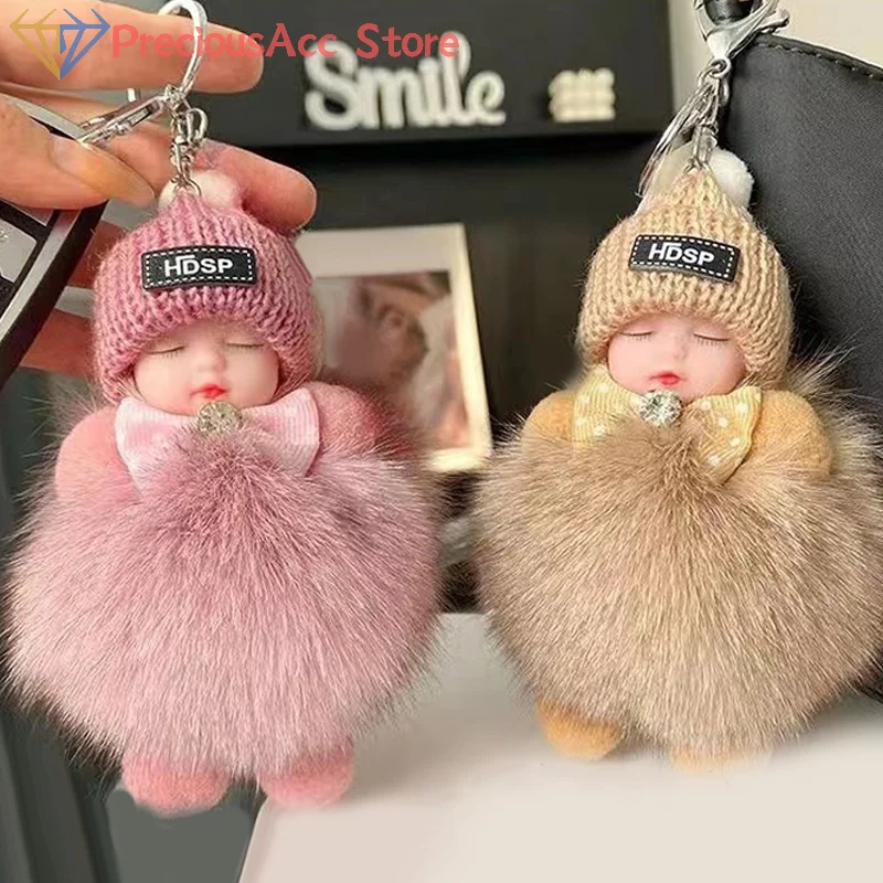 Sleeping Baby Keychain Cute Soft Fluffy Plush Doll Key Ring Women Girl Bags Pendant Backpack Accessories Gifts