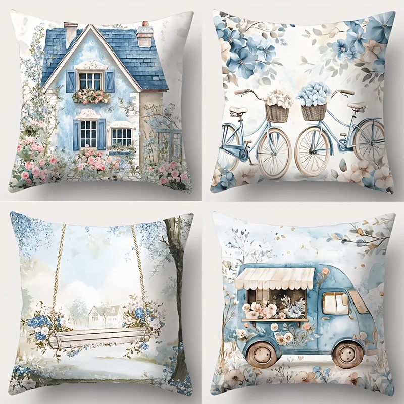 Blue Floral Patterned Cushion Covers With Cottage Scenes Polyester pillowcase, sofa decorative cushion cov Headboard Pillow