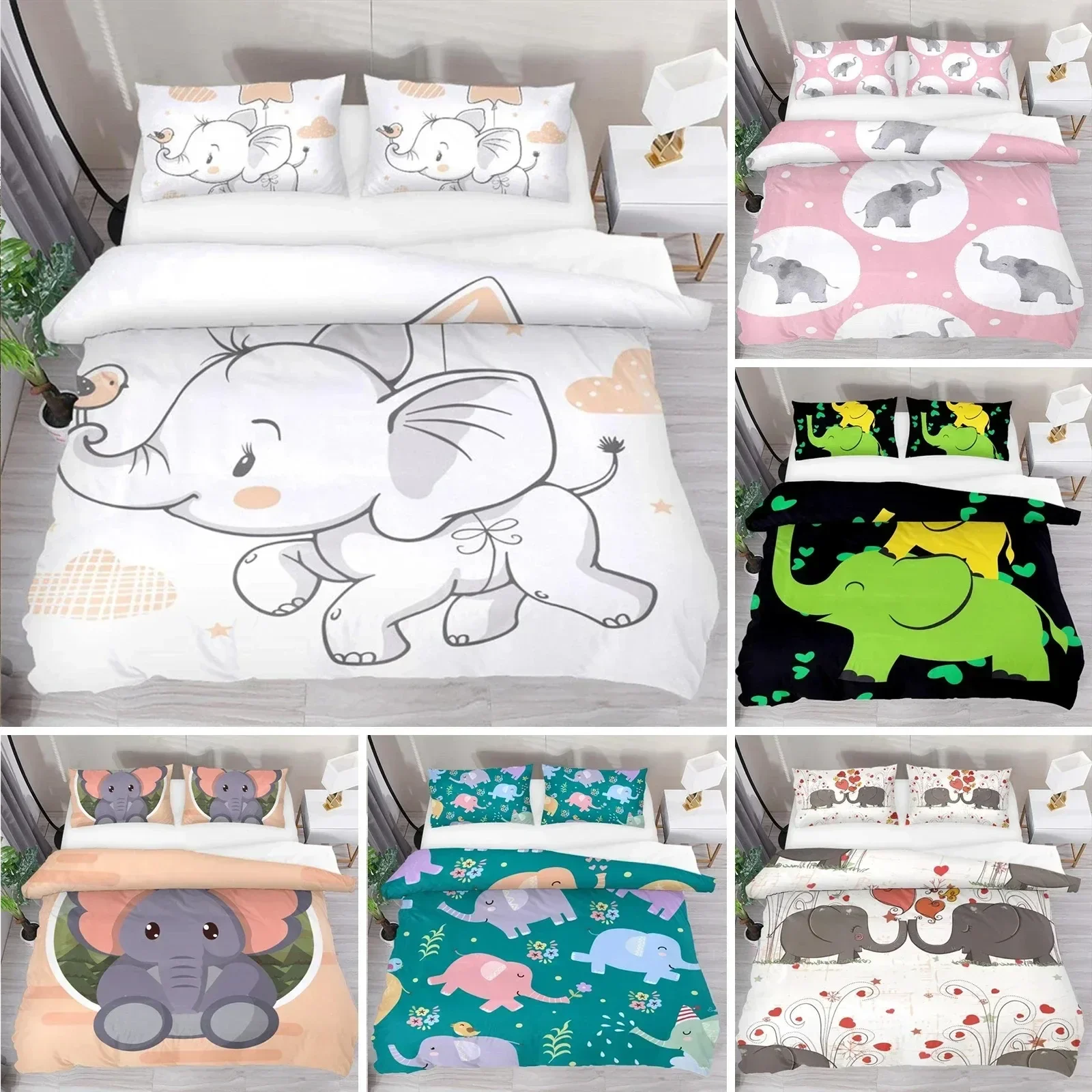 Kids Cartoon Elephant Duvet Cover Lovely Animal Theme Bedding Set Full For Girls Boys Kawaii Room Decor Microfiber Quilt Cover