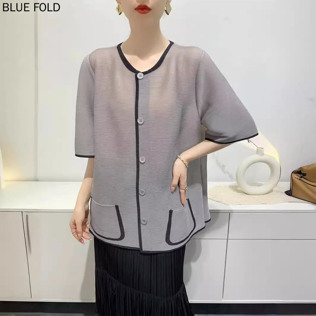 MIYAKE Summer Shirt Women's Color Block Pleated Shirt Printed Pocket Single Breasted Comfortable Casual Toothpick Pleated Niche