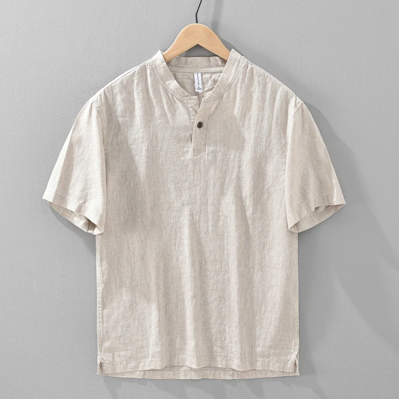 

2026 Summer New Simple Breathable Pure Linen Short Sleeve Shirt for Men Clothing Pullover Solid Color Summer Shirts