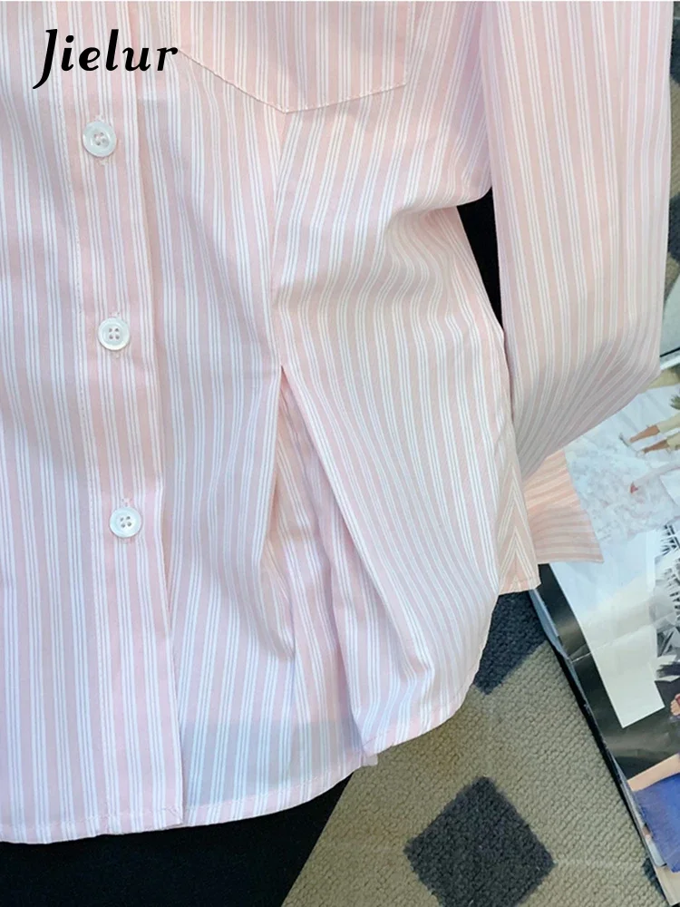 Jielur Sommer neue rosa vertikal gestreifte Frauen bluse Polo-Ausschnitt Langarm bluse weiblich süß lässig einfach einfach Frau Top