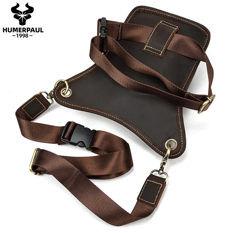 HUMERPAUL Genuine Leather Thigh Leg Bag Multi Functional Pockets Shoulder Bag Men's Hip Bag for Motorcycle, Travel&Outdoor