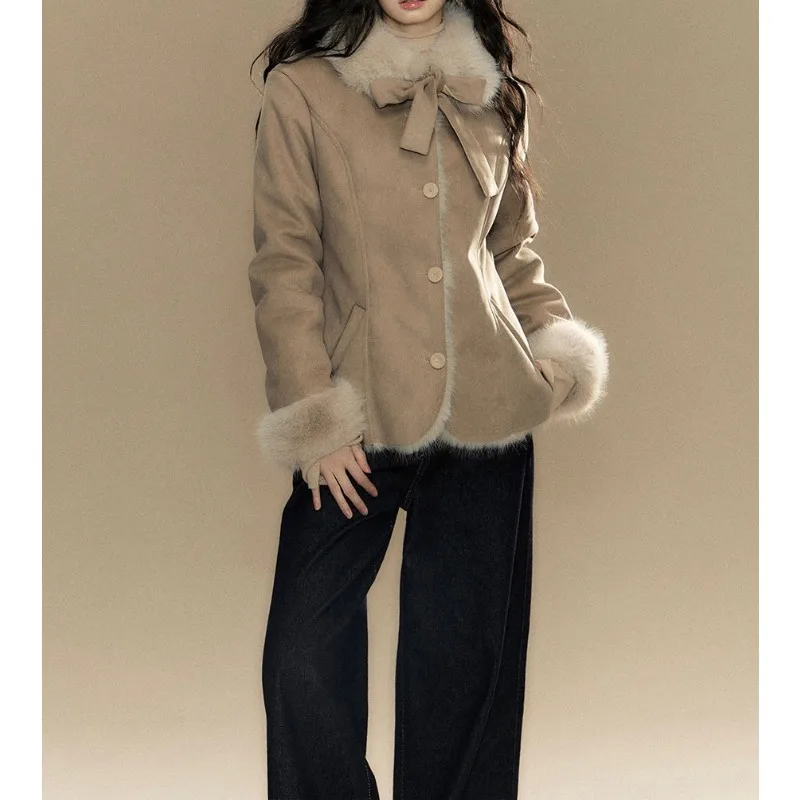 

Design Sense Retro Bow Contrasting Color Fur Collar Woolen Jacket Autumn and Winter Niche High-end Temperament Slim Top Women