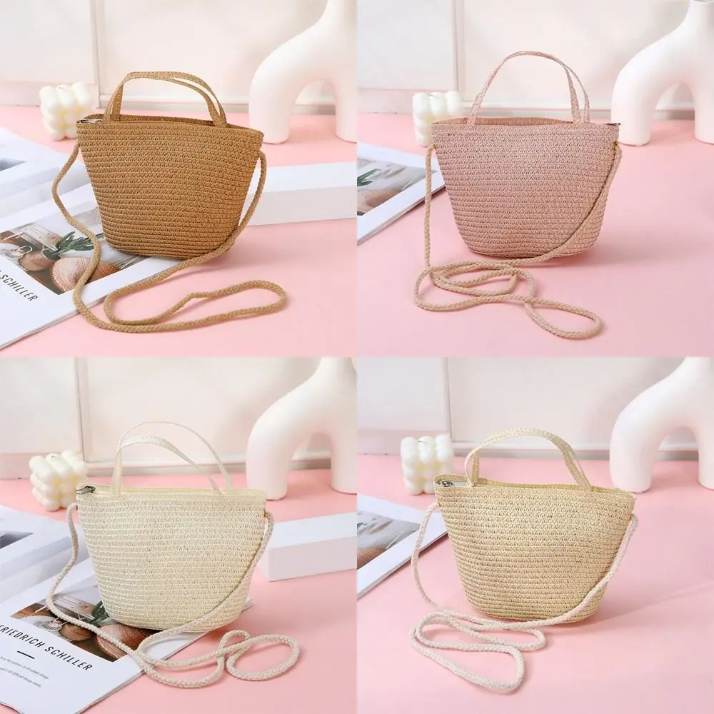 

Fashion Straw Straw Bag Pure Color Handmade Summer Beach Bag Shoulder Bags Kid Children
