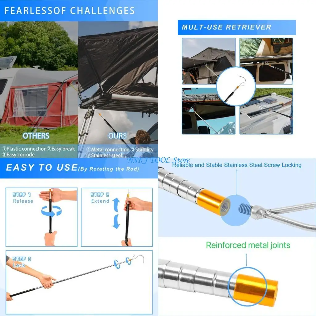 L8RC Stainless Steel Telescoping Rod Pull Rod Tool 21''-63'' for Campers Awning Setup
