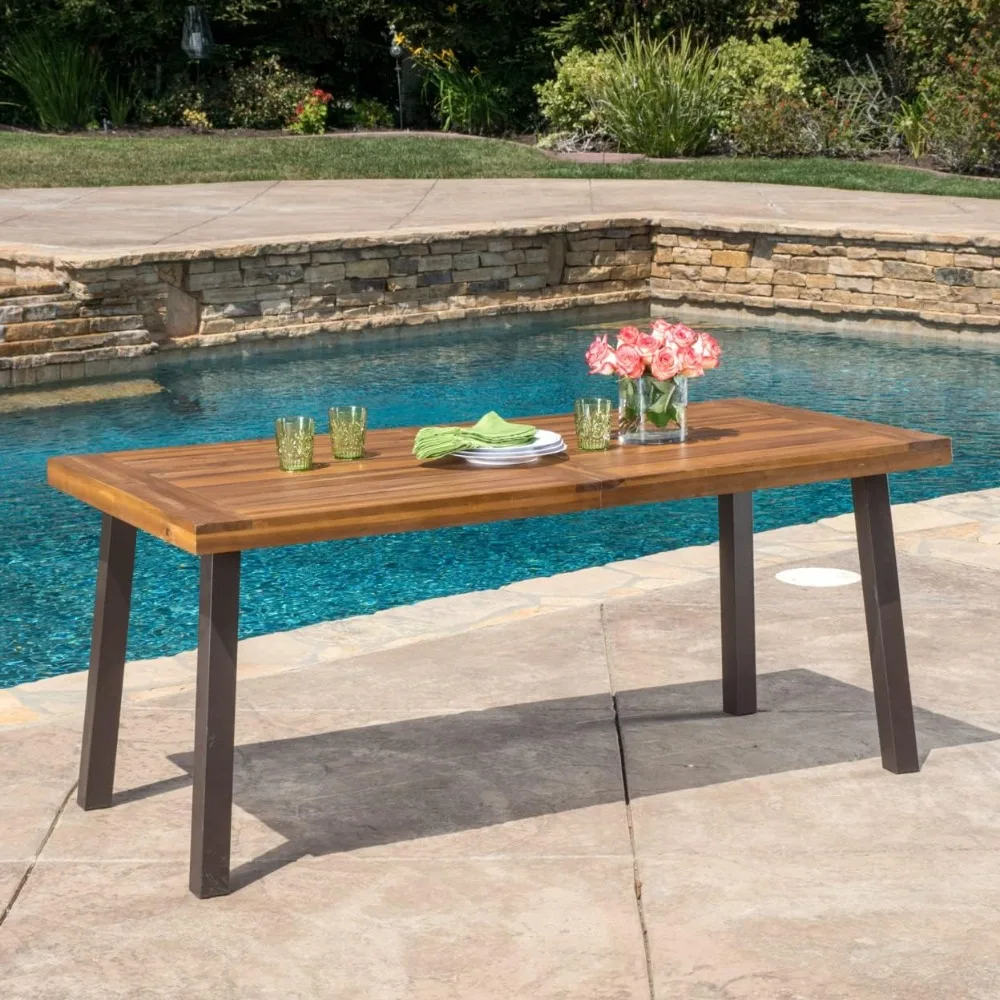 

32.25"D X 69"W X 29.5"H Outdoor Table with Rustic Metal Legs, Rust-Resistant, UV-Resistant, Acacia Wood Patio Table