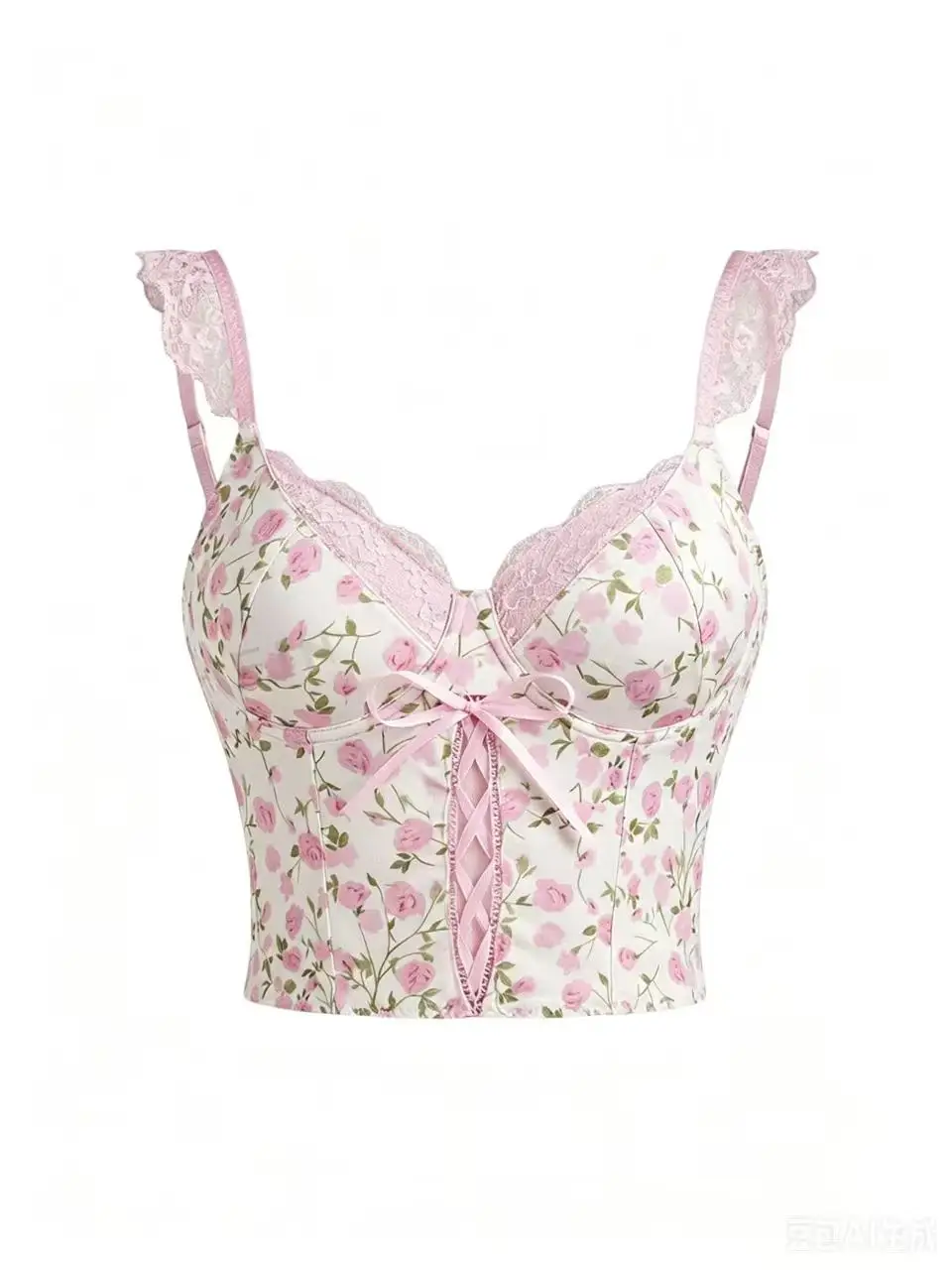 Sweet Pink Rose Floral Print Corset Top for Women – Lace Strap Bow Detail Bustier Crop Top Y2K Fashion