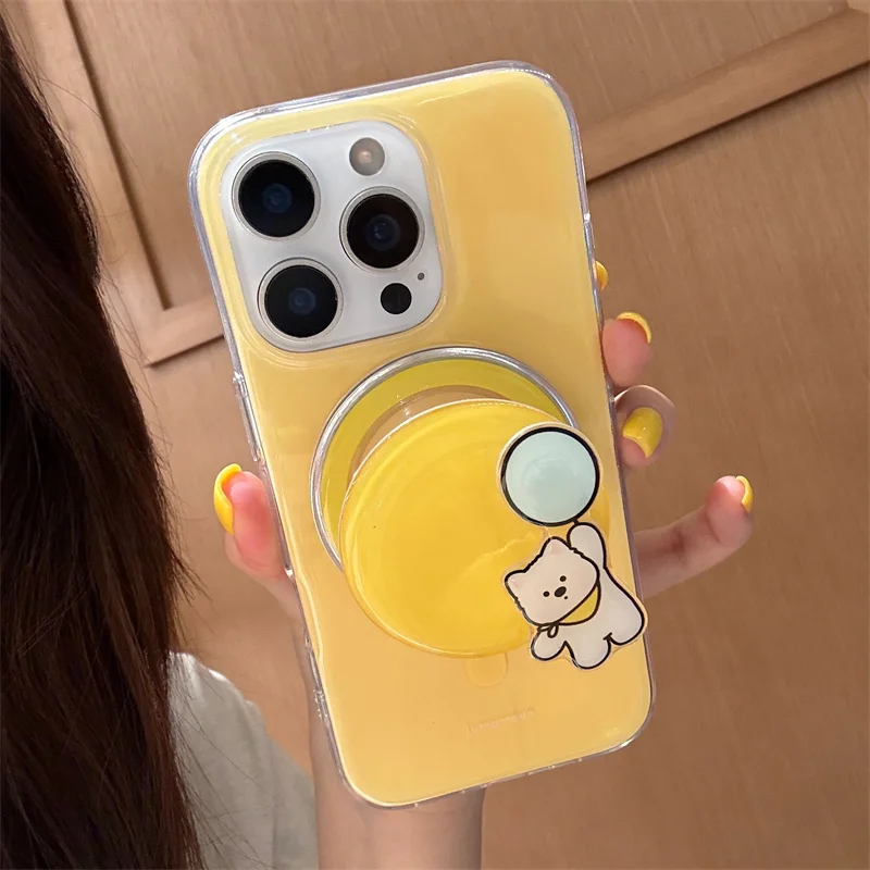 

Cute Bear Magnetic Stand Holder Phone Case For iPhone 16 Pro 15 14 13 Pro Max Cover Lovely Lemon Yellow Cases for Magsafe Funda