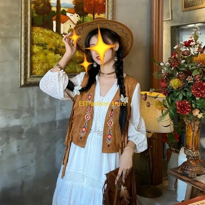 Y5GC Women Fringe Vest Suedes شرابات مفتوحة السترة كارثة أكمام