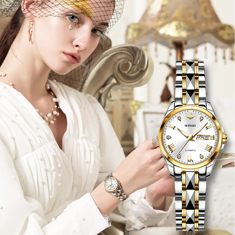 OUPINKE 3171 Auto Date Mechanical Watch For Women Roman Scale Waterproof Ladies Hand Clock Sapphire Mirror Luxury Dress Watches