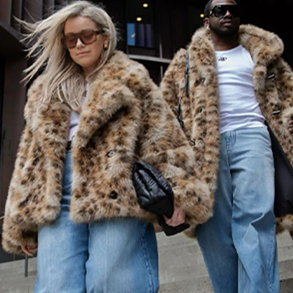 سترة شتوية كبيرة الحجم للنساء سترات دافئة بطبعة الفهد معطف فرو صناعي للنساء بأكمام طويلة وسحاب سترة منفوشة فضفاضة غير رسمية