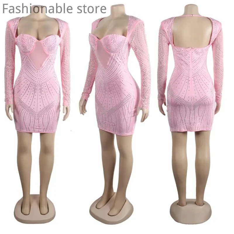 Dames sexy strass backless feestjurk met lange mouwen