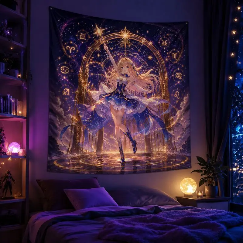 VIKAMA Starry Sky Magic Girl Anime Tapestry Dreamy Wall Hanging Mysterious Fantasy Style Bedroom Esports Room Decoration