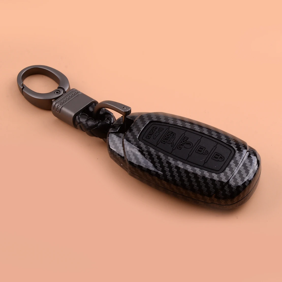 Carbon Fiber Style Car Remote Key Fob Cover Case Shell with Chain 5 Button Fit for Hyundai Palisade Elantra 2021 2020 2019 2018