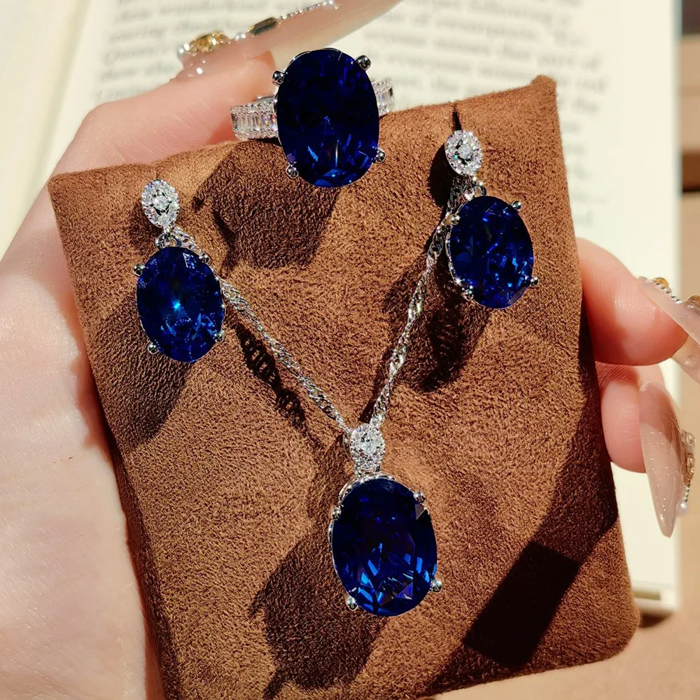 

Elegant Exquisite Oval Blue Sapphire Gemstones Diamonds Jewelry Sets for Women White Gold Silver Pendant Party Accessories Gifts