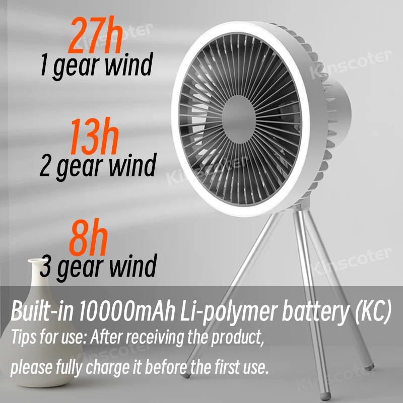 10000 mAh Camping-Ventilator, wiederaufladbar, tragbarer Desktop-Luftzirkulator, kabelloser elektrischer Deckenventilator mit Powerbank, LED-Lichtstativ – Detail 5