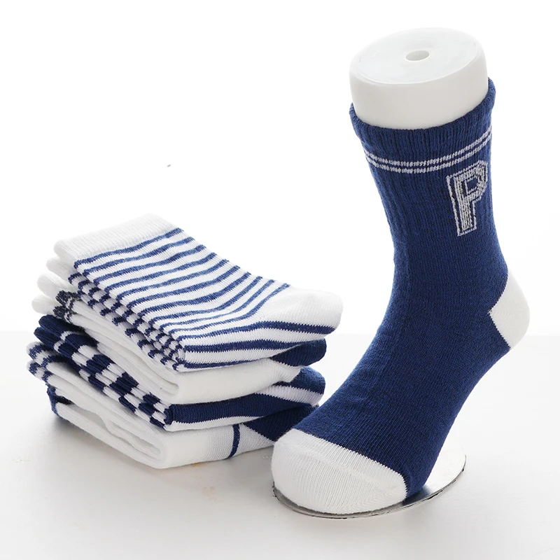 5 Pairs/set Autumn New High Elastic Soft And Comfortable Children's Socks Blue And White Letter Stripe Series Medium Tube Socks