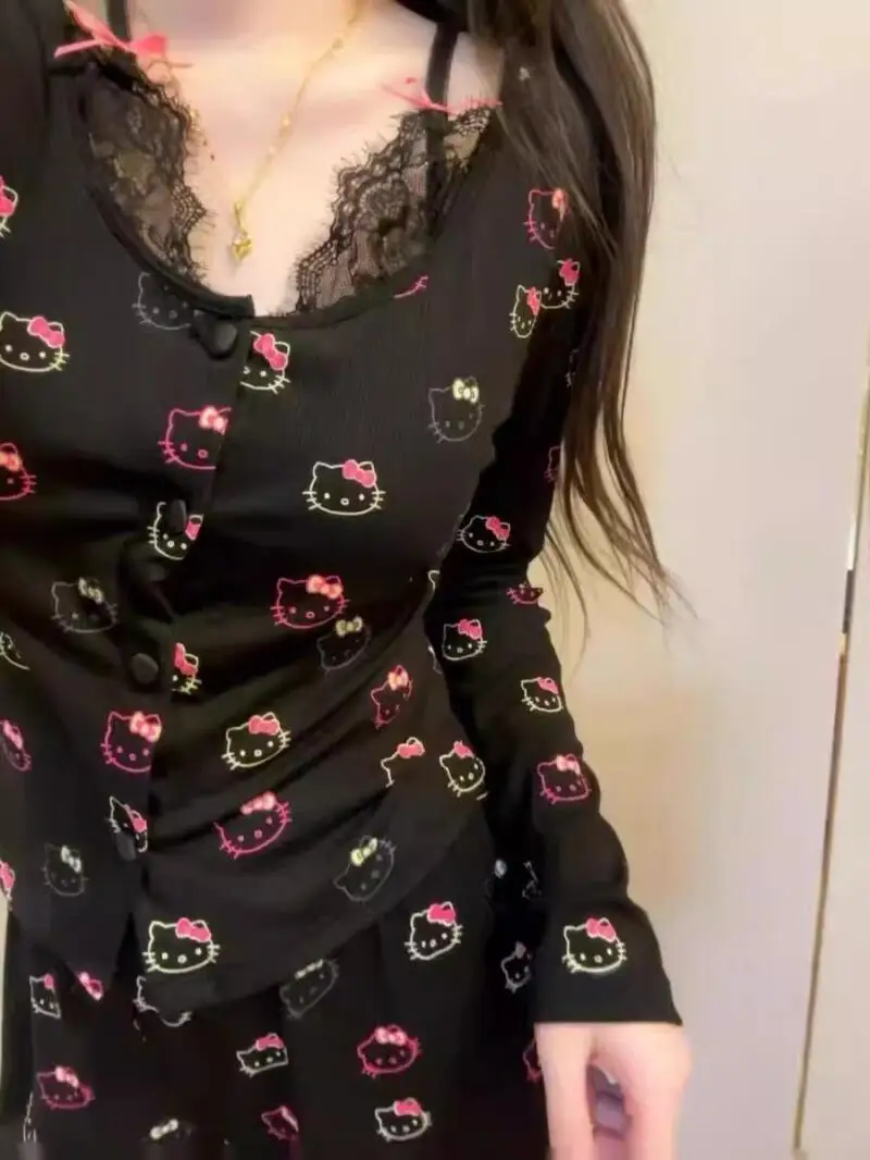 

Sanrio Новые кружевные пижамы Ins Kitty Sweet Style Женские весенне-осенние новые брюки с длинными рукавами Свободный комплект домашней одежды для отдыха