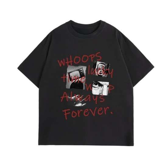 

2025 Fashion 100% Cotton unisex T-shirt Whoops Time Lucky Always Forever Letter and Collage Pattern Printed Casual T-shirt