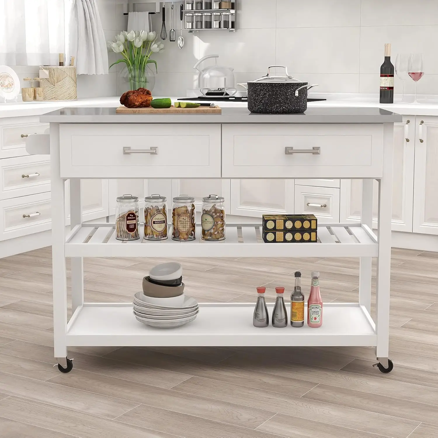 RASOO Kitchen Island White Stainless Steel Top Kitchen Cart On Wheels with 2 Drawers and Storage Shelves, 47.24"x19.68"x35.82"