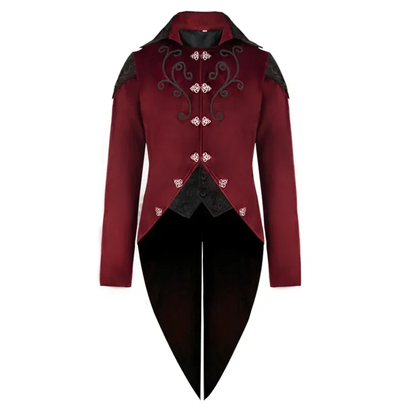 Men Medieval Costume Victorian Black Red Retro Patchwork Jacket Steampunk Trench Tuxedo Tailcoat Jacket Coat Gothic Overcoat