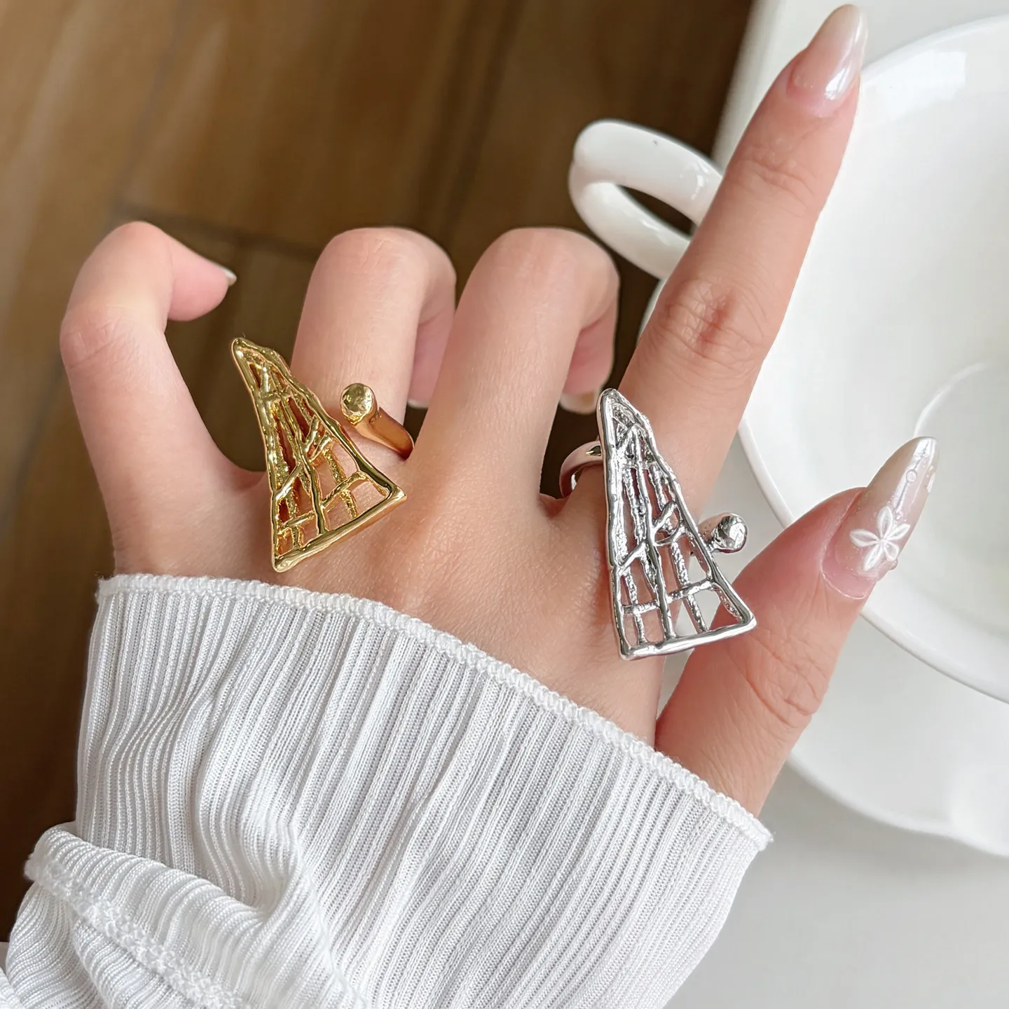 Unique Hollow Triangle Geometric Ring Textured Metal Open Adjustable Finger Ring Bold Abstract Statement Jewelry Gift For Her