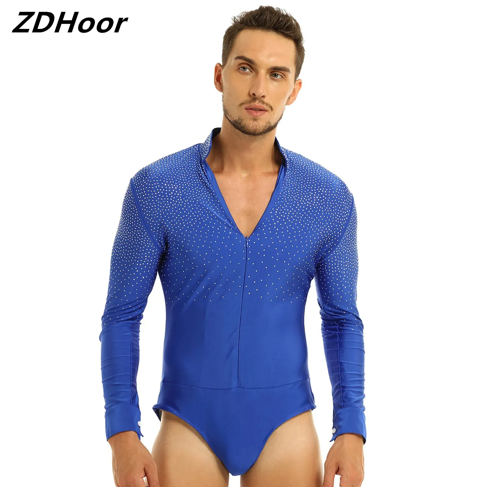

Men Shiny Rhinestones V-neck Dance Shirt Leotard Stand Collar Long Sleeve Ballroom Latin Tango Rumba Bodysuit Shirt Tops