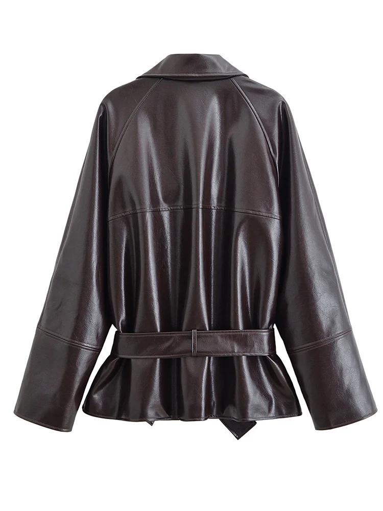 Chaqueta de piel sintética a la moda para mujer, abrigos con cinturón de doble botonadura y cuello vuelto, prendas de vestir informales de calle para otoño 2025